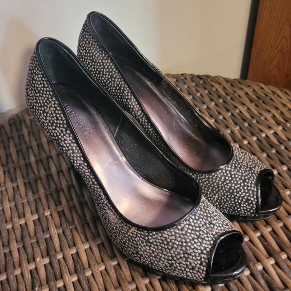 Nine West Danee Rhinestone Stilettos 9 Black Glitter Peep Toe Glam Party Heels - Picture 3 of 10